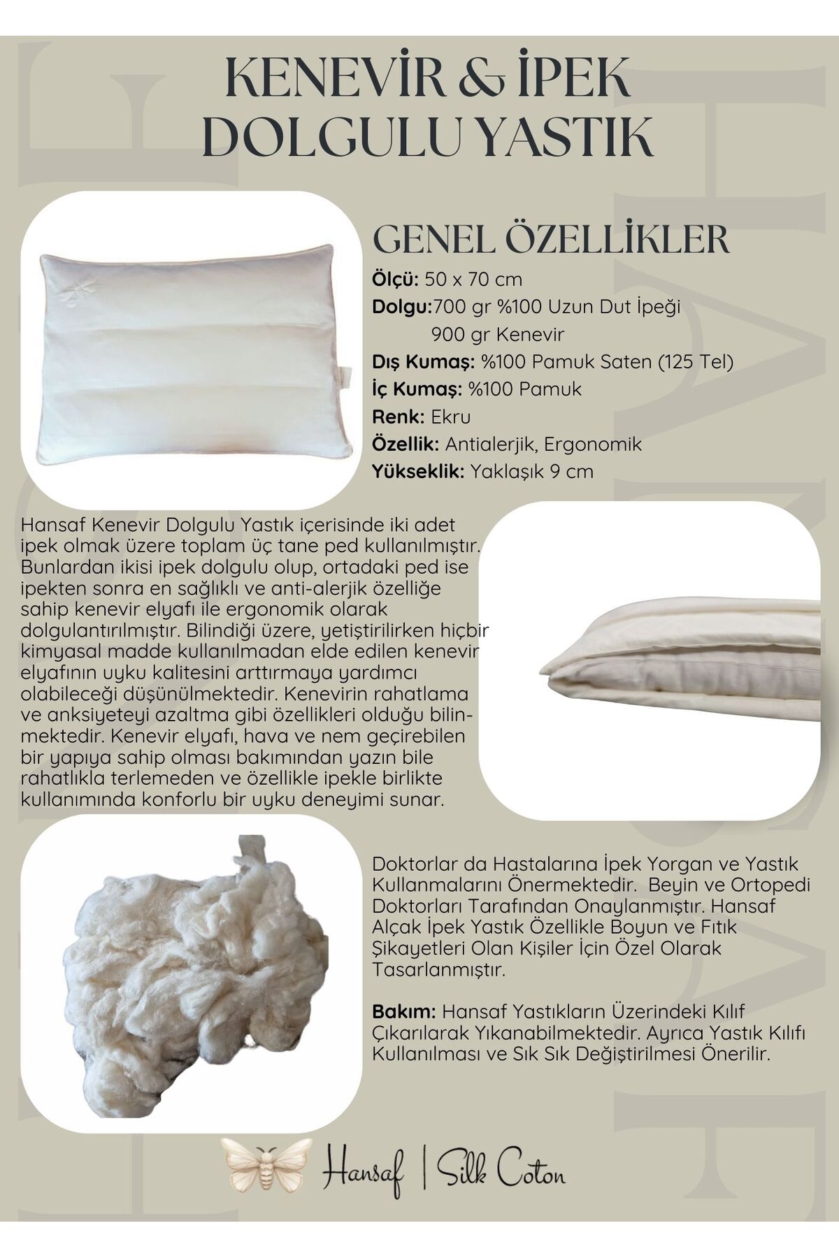%100 İpek ve Kenevir Dolgulu Yastık - Sağlıklı Nefes - Terletmeyen Uyku – Hipoalerjenik Uyku Konforu - Görsel 4