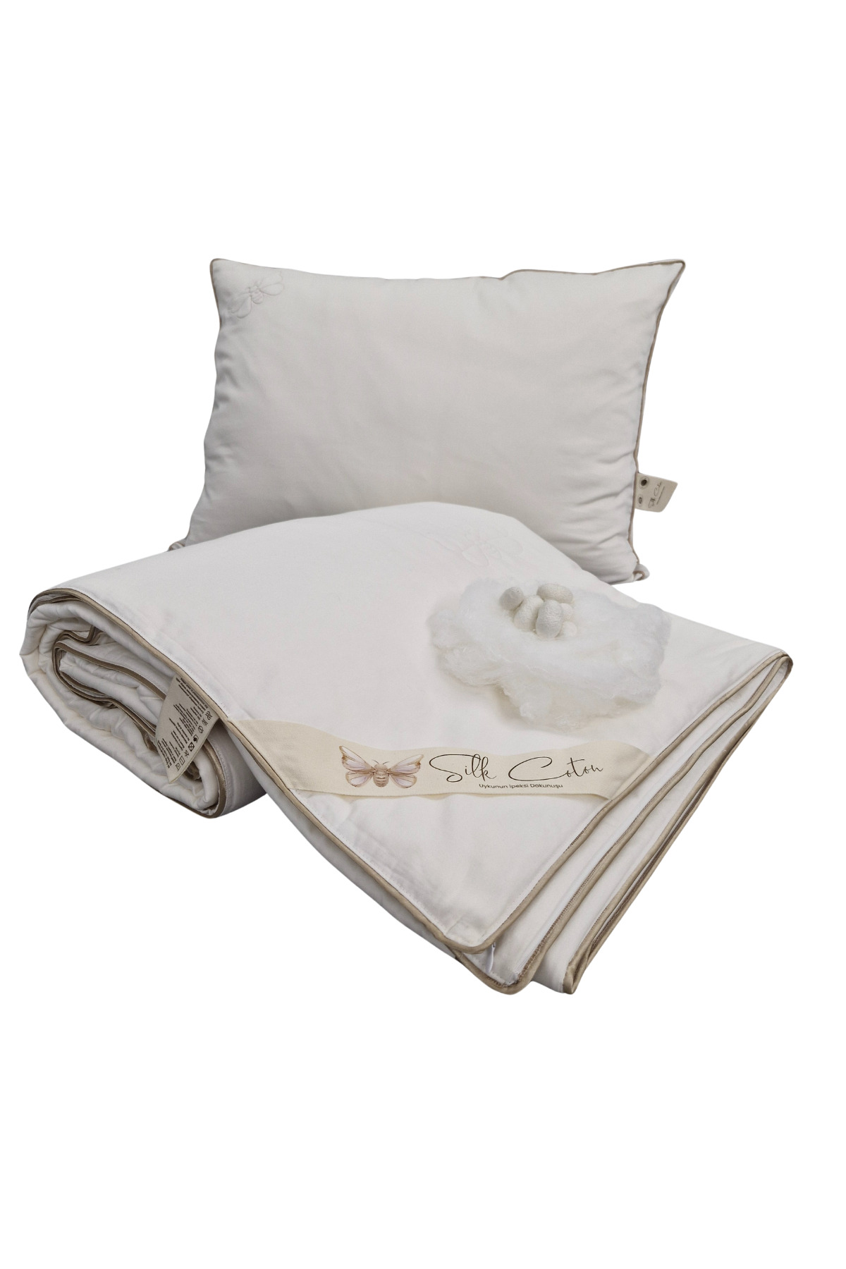 İpek Çift Kişilik Yorgan ve Yastık Seti 1 Adet İpek Alçak Yastık Çift Kişilik İpek Yorgan